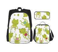 KoNsev Juego de 3 bolsas de libros estampadas para escuela secundaria, bolsa escolar con bolsa de almuerzo, estuche para lápices, diseño de alpaca con dibujos animados de animales, Rana de dibujos