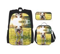 KoNsev Juego de 3 bolsas de libros estampadas para escuela secundaria, bolsa escolar con bolsa de almuerzo, estuche para lápices, lindo perro carlino negro, Lindo cachorro bulldog, Talla única