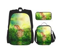 KoNsev Juego de 3 bolsas de libros estampadas para escuela secundaria, bolsa escolar con bolsa de almuerzo, estuche para lápices, lindo perro carlino negro, Lindo conejo, Talla única