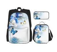 KoNsev Juego de 3 bolsas de libros estampadas para escuela secundaria, bolsa escolar con bolsa de almuerzo, estuche para lápices, diseño de alpaca con dibujos animados de animales, Flores y mariposas,