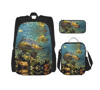 KoNsev Juego de 3 bolsas de libros estampadas para escuela secundaria, bolsa escolar con bolsa de almuerzo, estuche para lápices, diseño de alpaca con dibujos animados de animales, Fly Fish, Talla