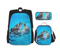 KoNsev Juego de 3 bolsas de libros impresas para escuela primaria, bolsa escolar con bolsa de almuerzo, estuche para lápices, mapa de brújula, Cool Dolphin, Talla única