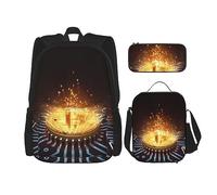 KoNsev Juego de 3 bolsas de libros impresas para escuela primaria, bolsa escolar con bolsa de almuerzo, estuche para lápices, mapa de brújula, Procesador de computadora con luz mágica, Talla única
