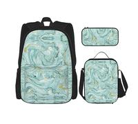 KoNsev Juego de 3 bolsas de libros impresas para escuela primaria, bolsa escolar con bolsa de almuerzo, estuche para lápices, mapa de brújula, Azurite - Patrón de mármol aceitado dorado y verde