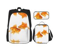 KoNsev Juego de 3 bolsas de libros impresas para escuela primaria de secundaria, bolsa escolar con bolsa de almuerzo, estuche para lápices, diseño de abeja volando, Bonito pez dorado, Talla única
