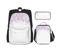 KoNsev Juego de 3 bolsas de libros impresas para escuela primaria de secundaria, bolsa escolar con bolsa de almuerzo, estuche para lápices, cartón de gato, Enmarcar flores lilas en flor, Talla única