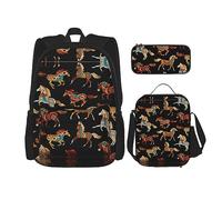 KoNsev Juego de 3 bolsas de libros impresas para escuela primaria de secundaria, bolsa escolar con bolsa de almuerzo, estuche para lápices, pelotas de tenis rosa brillante, Caballo marrón, Talla única