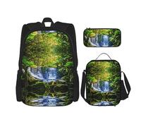 KoNsev Juego de 3 bolsas de libros impresas para escuela primaria de secundaria, bolsa escolar con bolsa de almuerzo, estuche para lápices, hojas verdes y blancas, Plantas tropicales verdes y cascada,