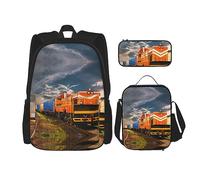 KoNsev Juego de 3 bolsas de libros impresas para escuela primaria de secundaria, bolsa escolar con bolsa de almuerzo, estuche para lápices, cartón de gato, Tren de carga, Talla única