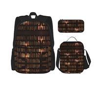 KoNsev Juego de 3 bolsas de libros impresas para escuela primaria de secundaria, bolsa escolar con bolsa de almuerzo, estuche para lápices, calabaza de otoño, Biblioteca de la sala de libros, Talla