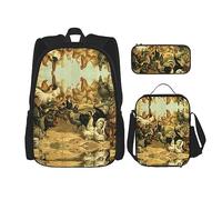 KoNsev Juego de 3 bolsas de libros impresas para escuela primaria de secundaria, bolsa escolar con bolsa de almuerzo, estuche para lápices, patrón de rombos a cuadros, Estampado de pollo y gallo,