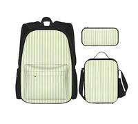 KoNsev Juego de 3 bolsas de libros impresas para escuela primaria de secundaria, bolsa escolar con bolsa de almuerzo, estuche para lápices, lectura divertida de gato, Rayas verdes clásicas, Talla