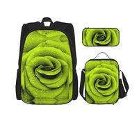 KoNsev Juego de 3 bolsas de libros impresas para escuela primaria de secundaria, bolsa escolar con bolsa de almuerzo, estuche para lápices, hojas verdes y blancas, Rosa verde, Talla única