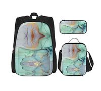 KoNsev Juego de 3 bolsas de libros impresas para escuela primaria de secundaria, bolsa escolar con bolsa de almuerzo, estuche para lápices, hojas verdes y blancas, Mármol colorido., Talla única