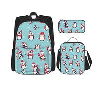KoNsev Juego de 3 bolsas de libros impresas para escuela primaria de secundaria, bolsa escolar con bolsa de almuerzo, estuche para lápices, patrón de rombos a cuadros, Pingüinos de Navidad, Talla