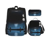KoNsev Juego de 3 bolsas de libros impresas para escuela primaria de secundaria, bolsa escolar con bolsa de almuerzo, estuche para lápices, cartón de gato, Platillo volador por la noche, Talla única