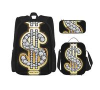 KoNsev Juego de 3 bolsas de libros impresas para escuela primaria de secundaria, bolsa escolar con bolsa de almuerzo, estuche para lápices, niña con globos, Signo de dólar dorado, Talla única