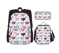 KoNsev Juego de 3 bolsas de libros impresas para escuela primaria de secundaria, bolsa escolar con bolsa de almuerzo, estuche para lápices, cartón de gato, Carttoon Cat, Talla única