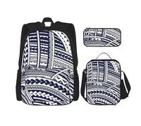KoNsev Juego de 3 bolsas de libros impresas para escuela primaria de secundaria, bolsa escolar con bolsa de almuerzo, estuche para lápices, notas musicales azules, Patrón tribal maorí polinesio azul,