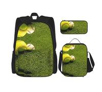 KoNsev Juego de 3 bolsas de libros impresas para escuela primaria de secundaria, bolsa escolar con bolsa de almuerzo y estuche para lápices, Parque Nacional Grand Teton, Grass Baseball Softball, Talla