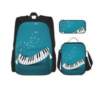 KoNsev Juego de 3 bolsas de libros impresas para escuela primaria de secundaria, bolsa escolar con bolsa de almuerzo, estuche para lápices, hojas verdes y blancas, Teclas de piano verdes y blancas,