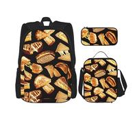 KoNsev Juego de 3 bolsas de libros impresas para escuela primaria de secundaria, bolsa escolar con bolsa de almuerzo, estuche para lápices, patrón de rombos a cuadros, Sándwiches de queso, Talla única