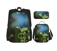 KoNsev Juego de 3 bolsas de libros impresas para escuela primaria de secundaria, bolsa escolar con bolsa de almuerzo, estuche para lápices, hojas verdes y blancas, Green Lizard, Talla única