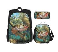 KoNsev Juego de 3 bolsas de libros impresas para escuela primaria de secundaria, bolsa escolar con bolsa de almuerzo, estuche para lápices, pelotas de tenis rosa brillante, Peces, Talla única