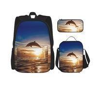KoNsev Juego de 3 bolsas de libros impresas para escuela primaria de secundaria, bolsa escolar con bolsa de almuerzo, estuche para lápices, patrón de rombos a cuadros, Divertido delfín animal, Talla