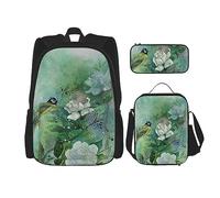KoNsev Juego de 3 bolsas de libros impresas para escuela primaria de secundaria, bolsa escolar con bolsa de almuerzo, estuche para lápices, Galaxy Diamond, Gardenia Flowers Birds, Talla única