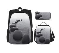 KoNsev Juego de 3 bolsas de libros impresas para escuela primaria de secundaria, bolsa escolar con bolsa de almuerzo, estuche para lápices, hojas verdes y blancas, Imagen de piedras Zen grises, Talla