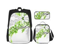 KoNsev Juego de 3 bolsas de libros impresas para escuela primaria de secundaria, bolsa escolar con bolsa de almuerzo, estuche para lápices, hojas verdes y blancas, Hoja verde y blanca, Talla única