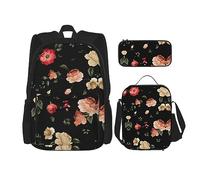 KoNsev Juego de 3 bolsas de libros impresas para escuela primaria de secundaria, bolsa escolar con bolsa de almuerzo, estuche para lápices, colorido tema del océano, Otoño hermoso floral, Talla única