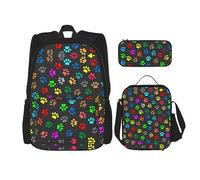 KoNsev Juego de 3 bolsas de libros impresas para escuela secundaria, bolsa escolar con bolsa de almuerzo, estuche para lápices, niña con globos, Colorido estampado de huellas de perro, color negro,
