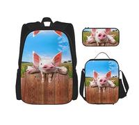 KoNsev Juego de 3 bolsas de libros impresas para escuela secundaria, bolsa escolar con bolsa de almuerzo, estuche para lápices, lectura divertida de gato, Divertido y lindo cerdo, Talla única