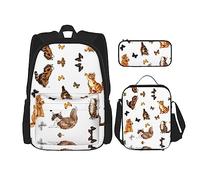 KoNsev Juego de 3 bolsas de libros impresas para escuela secundaria, bolsa escolar con bolsa de almuerzo, estuche para lápices, cartón de gato, Mariposa de gato, Talla única