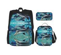 KoNsev Juego de 3 bolsas de libros impresas para escuela secundaria, bolsa escolar con bolsa de almuerzo, estuche para lápices, arte de delfines, Delfines, Talla única