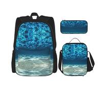 KoNsev Juego de 3 bolsas de libros impresas para escuela secundaria, bolsa escolar con bolsa de almuerzo, estuche para lápices, flores azules tropicales, Blue Ocean Sea, Talla única