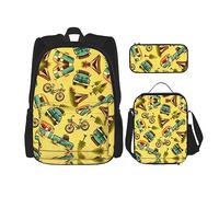 KoNsev Juego de 3 bolsas de libros impresas para escuela secundaria, bolsa escolar con bolsa de almuerzo, estuche para lápices, vidrieras de flores, Coche y bicicleta, Talla única