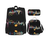 KoNsev Juego de 3 bolsas de libros impresas para escuela secundaria, bolsa escolar con bolsa de almuerzo, estuche para lápices, notas musicales coloridas, Nota musical colorida, Talla única