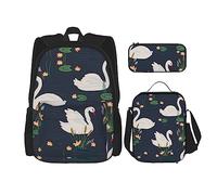 KoNsev Juego de 3 bolsas de libros impresas para escuela secundaria, bolsa escolar con bolsa de almuerzo y estuche para lápices, lindo perro carlino negro, Hermosos cisnes blancos en el lago, Talla