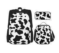 KoNsev Juego de 3 bolsas de libros impresas para escuela secundaria, bolsa escolar con bolsa de almuerzo y estuche para lápices, bonito pingüino, Estampado de vaca en blanco y negro, Talla única