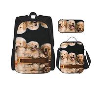 KoNsev Juego de 3 bolsas de libros impresas para escuela secundaria, bolsa escolar con bolsa de almuerzo y estuche para lápices, Golden Retriever, Golden Retriever Perros Cachorros Mascotas, Talla