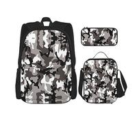 KoNsev Juego de 3 bolsas de libros impresas para escuela secundaria, bolsa escolar con bolsa de almuerzo, estuche para lápices, margaritas y mariposas, Negro Gris Blanco Camuflaje, Talla única