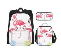 KoNsev Juego de 3 bolsas de libros impresas para escuela secundaria, bolsa escolar con bolsa de almuerzo, estuche para lápices, cartón de gato, Cuatro flamencos, Talla única