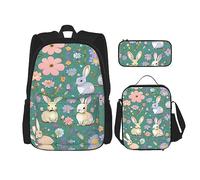 KoNsev Juego de 3 mochilas con estampado de flores, conejitos y pájaros, con bolsa de almuerzo y estuche para lápices