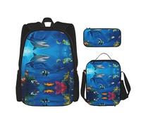 KoNsev Juego de 3 mochilas estampadas para escuela primaria, bolsa escolar con bolsa de almuerzo, estuche para lápices, colorido tema del océano, Colorido tema oceánico, Talla única