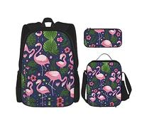 KoNsev Juego de 3 mochilas, mochilas con estampado de huellas de patas con estuche para lápices, 3 piezas, mochila ligera y resistente al agua, Flamenco rosa y hojas, Talla única