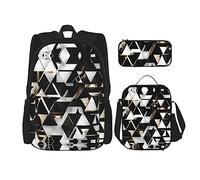 KoNsev Juego de 3 mochilas modernas, modernas, negras, blancas, doradas, triangulares, estampadas, con bolsa para el almuerzo, estuche para lápices
