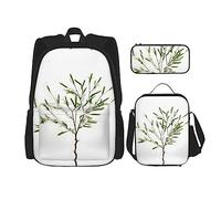 KoNsev Juego de mochila de 3 piezas, mochila de caza de vida silvestre, ciervo, oso, alce, con estuche de almuerzo, 3 piezas, ligera y resistente al agua, Planta Natural Blanca Ramita Verde (1), Talla
